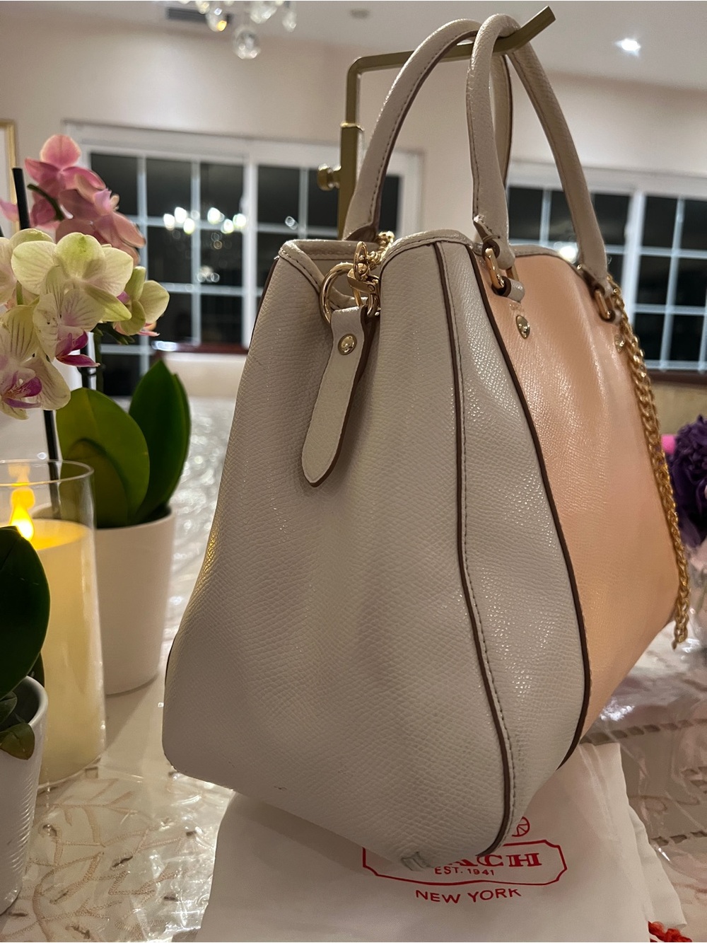 Coach Blush Peach Ivory Pebbled Leather Satchel Gold Chain Carryall Luxury - Picture 6 of 16